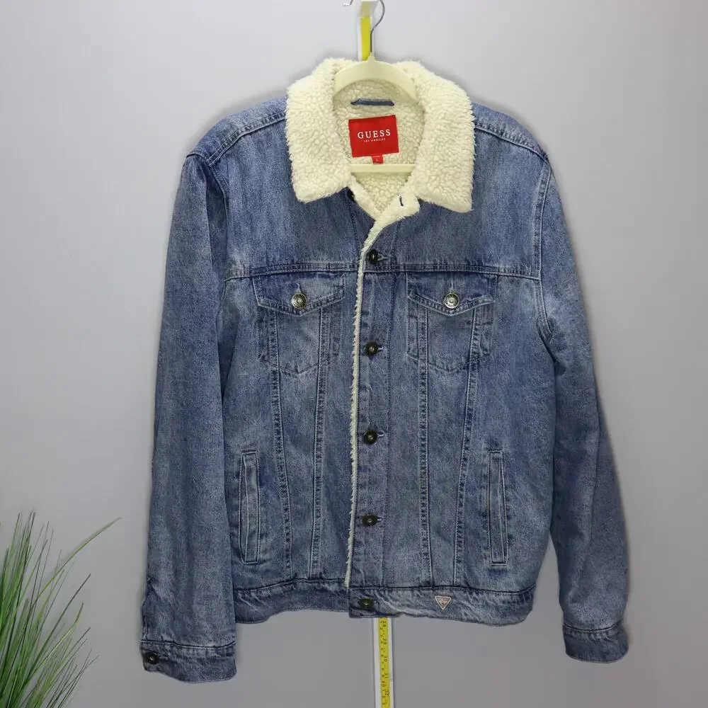 Guess Sherpa Lined Denim Trucker‎ Jacket Blue Jean Fleece Collar L